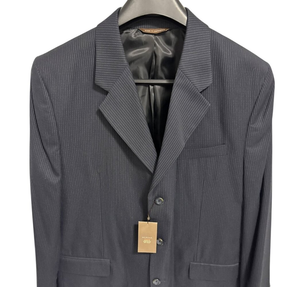 Merona Premium Fit Suit Jacket Three Button Pin Striped Size 46R Blue NEW